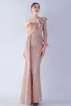 Sereia um ombro lantejoulas vestido formal com penas