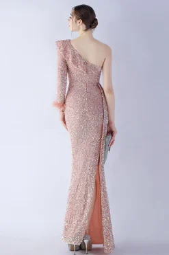 Sereia um ombro lantejoulas vestido formal com penas