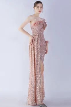 Sereia um ombro lantejoulas vestido formal com penas
