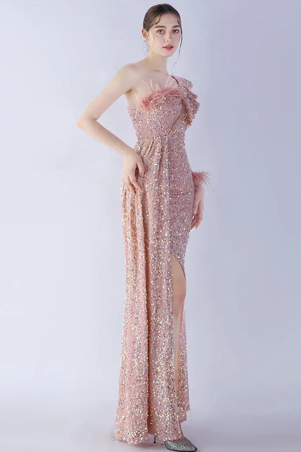 Sereia um ombro lantejoulas vestido formal com penas
