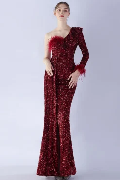 Sereia um ombro lantejoulas vestido formal com penas