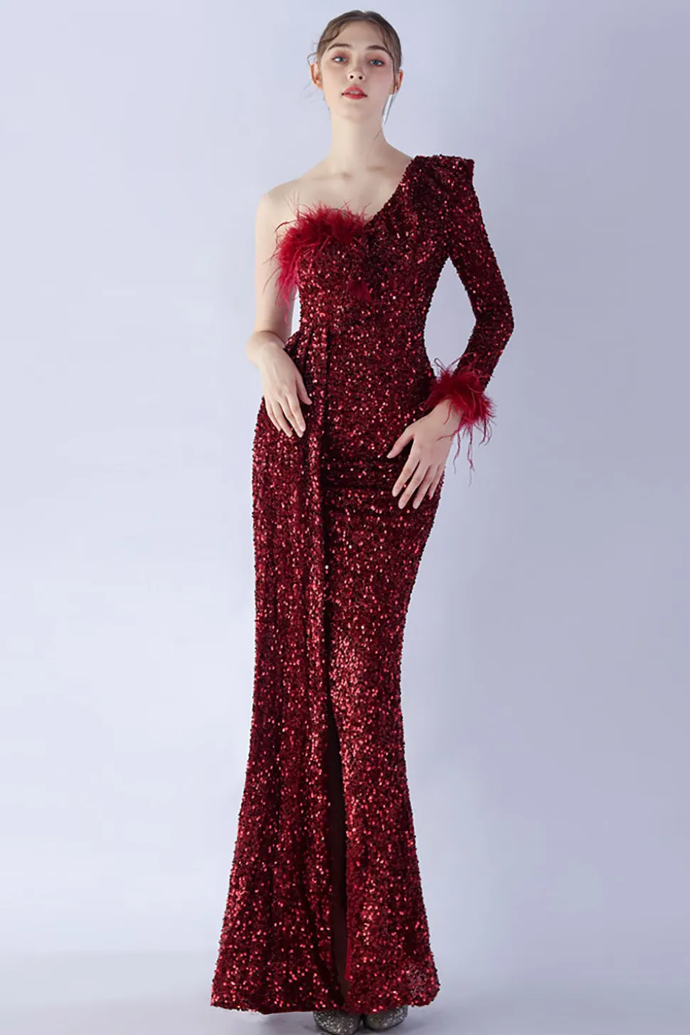 Sereia um ombro lantejoulas vestido formal com penas