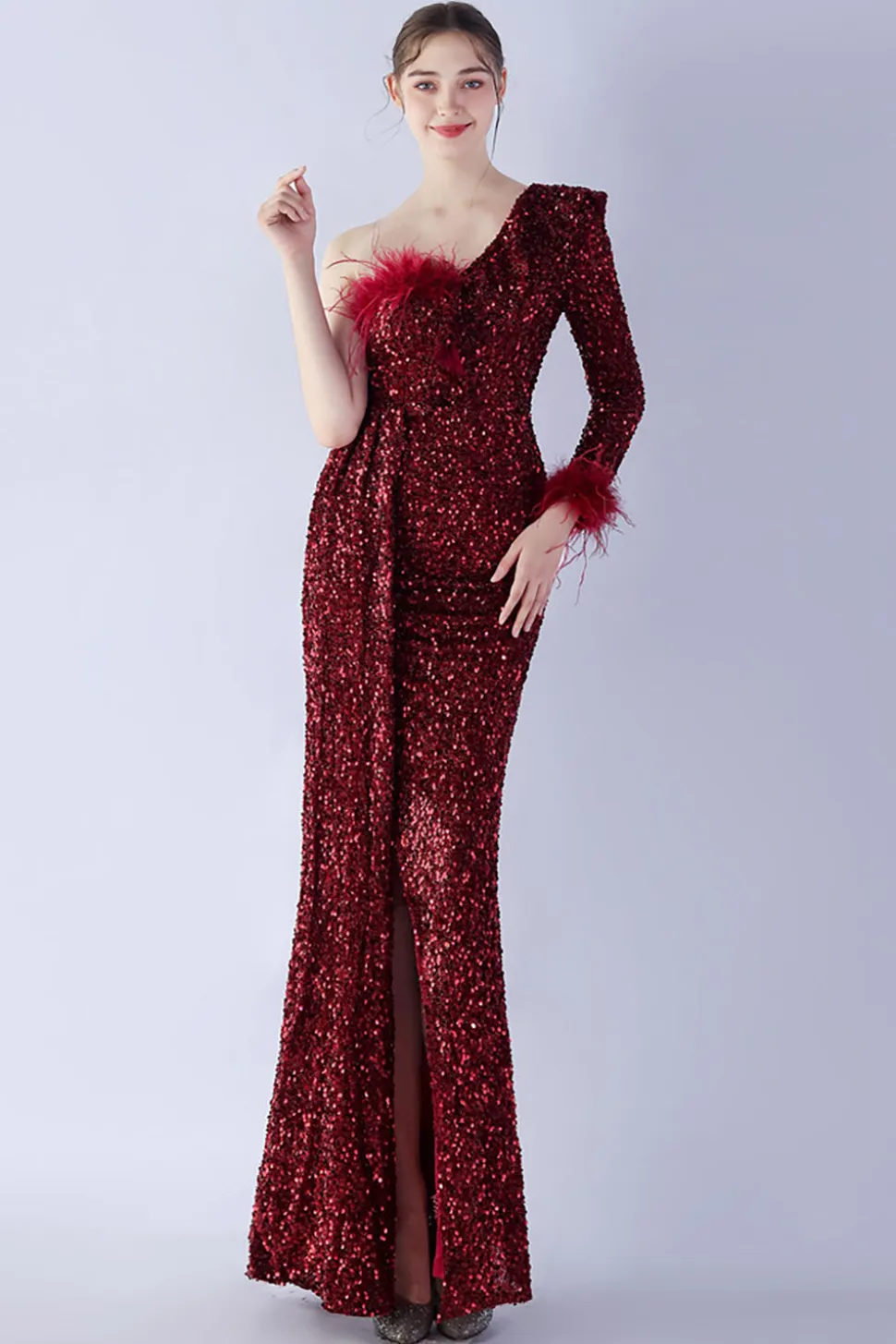 Sereia um ombro lantejoulas vestido formal com penas