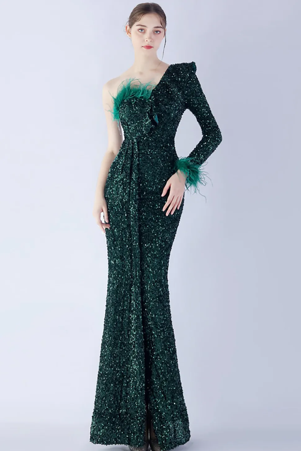 Sereia um ombro lantejoulas vestido formal com penas