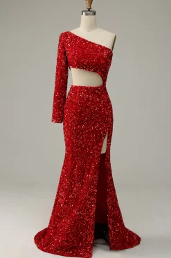 Sereia Um Ombro Lantejoulas Vermelho Vestido de Festa