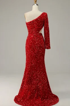 Sereia Um Ombro Lantejoulas Vermelho Vestido de Festa