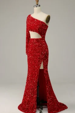 Sereia Um Ombro Lantejoulas Vermelho Vestido de Festa