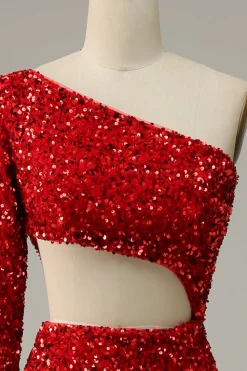 Sereia Um Ombro Lantejoulas Vermelho Vestido de Festa