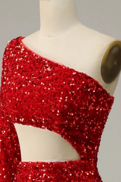 Sereia Um Ombro Lantejoulas Vermelho Vestido de Festa