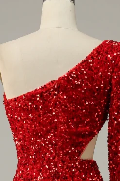 Sereia Um Ombro Lantejoulas Vermelho Vestido de Festa