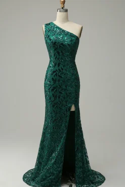 Sereia Um Ombro Verde Escuro Lantejoulas Vestido de Festa