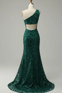 Sereia Um Ombro Verde Escuro Lantejoulas Vestido de Festa