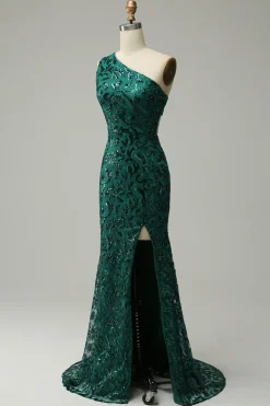 Sereia Um Ombro Verde Escuro Lantejoulas Vestido de Festa