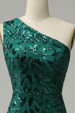 Sereia Um Ombro Verde Escuro Lantejoulas Vestido de Festa