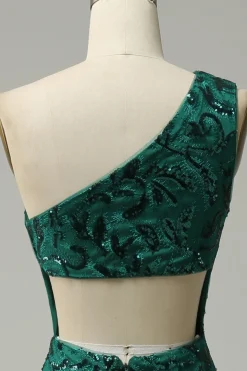 Sereia Um Ombro Verde Escuro Lantejoulas Vestido de Festa