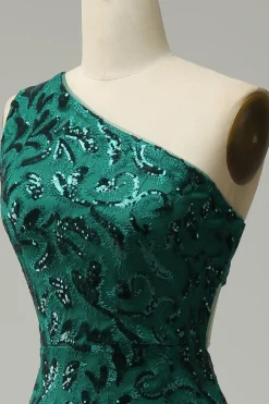 Sereia Um Ombro Verde Escuro Lantejoulas Vestido de Festa