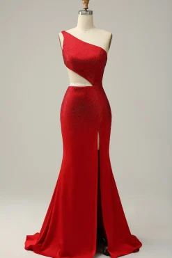 Sereia Um Ombro Vermelho Vestido de Festa