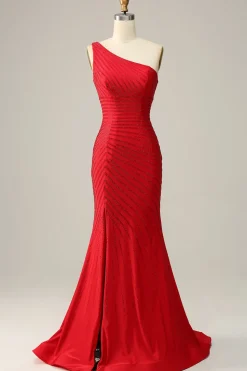 Sereia Um Ombro Vermelho Vestido de Festa