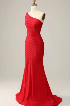 Sereia Um Ombro Vermelho Vestido de Festa