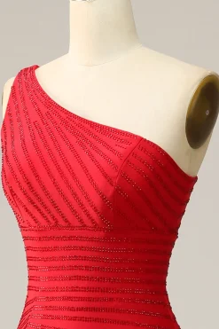 Sereia Um Ombro Vermelho Vestido de Festa