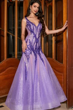 Sereia V deslumbrante pescoço roxo Sequins longo vestido de baile com costas abertas