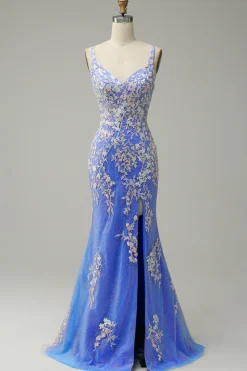 Sereia V Pescoço Azul Claro Vestido Cerimónia Com Apliques