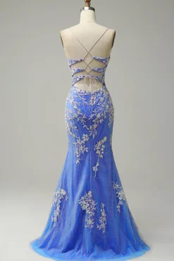 Sereia V Pescoço Azul Claro Vestido Cerimónia Com Apliques