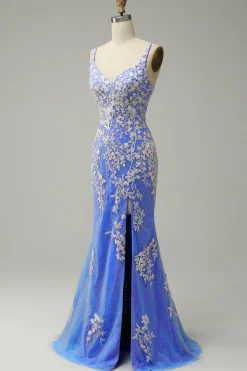 Sereia V Pescoço Azul Claro Vestido Cerimónia Com Apliques