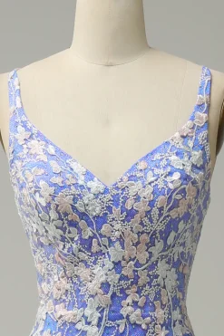 Sereia V Pescoço Azul Claro Vestido Cerimónia Com Apliques