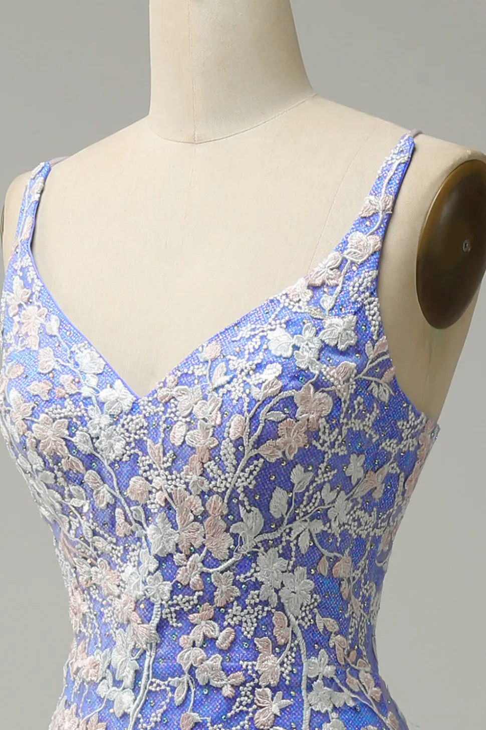 Sereia V Pescoço Azul Claro Vestido Cerimónia Com Apliques