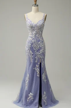 Sereia V Pescoço Azul Claro Vestido Cerimónia Com Apliques