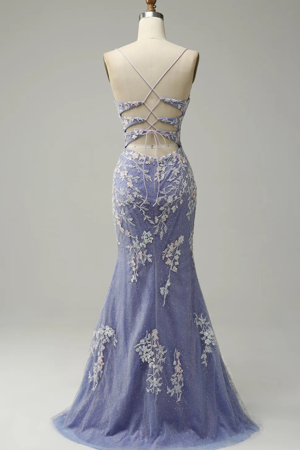 Sereia V Pescoço Azul Claro Vestido Cerimónia Com Apliques