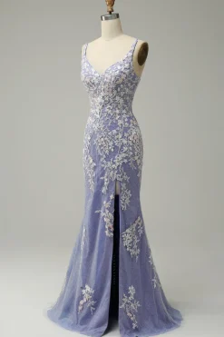 Sereia V Pescoço Azul Claro Vestido Cerimónia Com Apliques