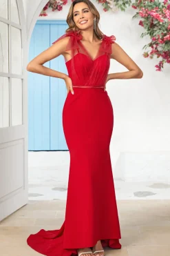 Sereia V Pescoço Borgonha Vestido Longo Madrinha com Trem
