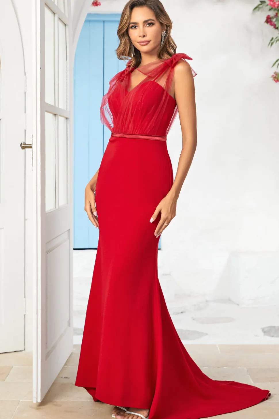 Sereia V Pescoço Borgonha Vestido Longo Madrinha com Trem