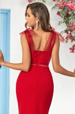 Sereia V Pescoço Borgonha Vestido Longo Madrinha com Trem