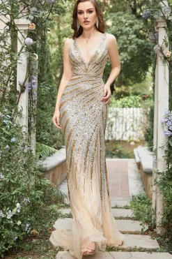 Sereia V Pescoço Dourado Vestido de Festa Com Contas