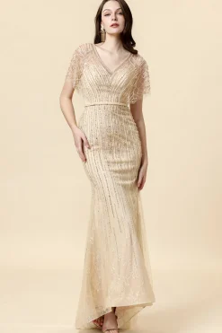 Sereia V Pescoço Dourado Vestido Formal