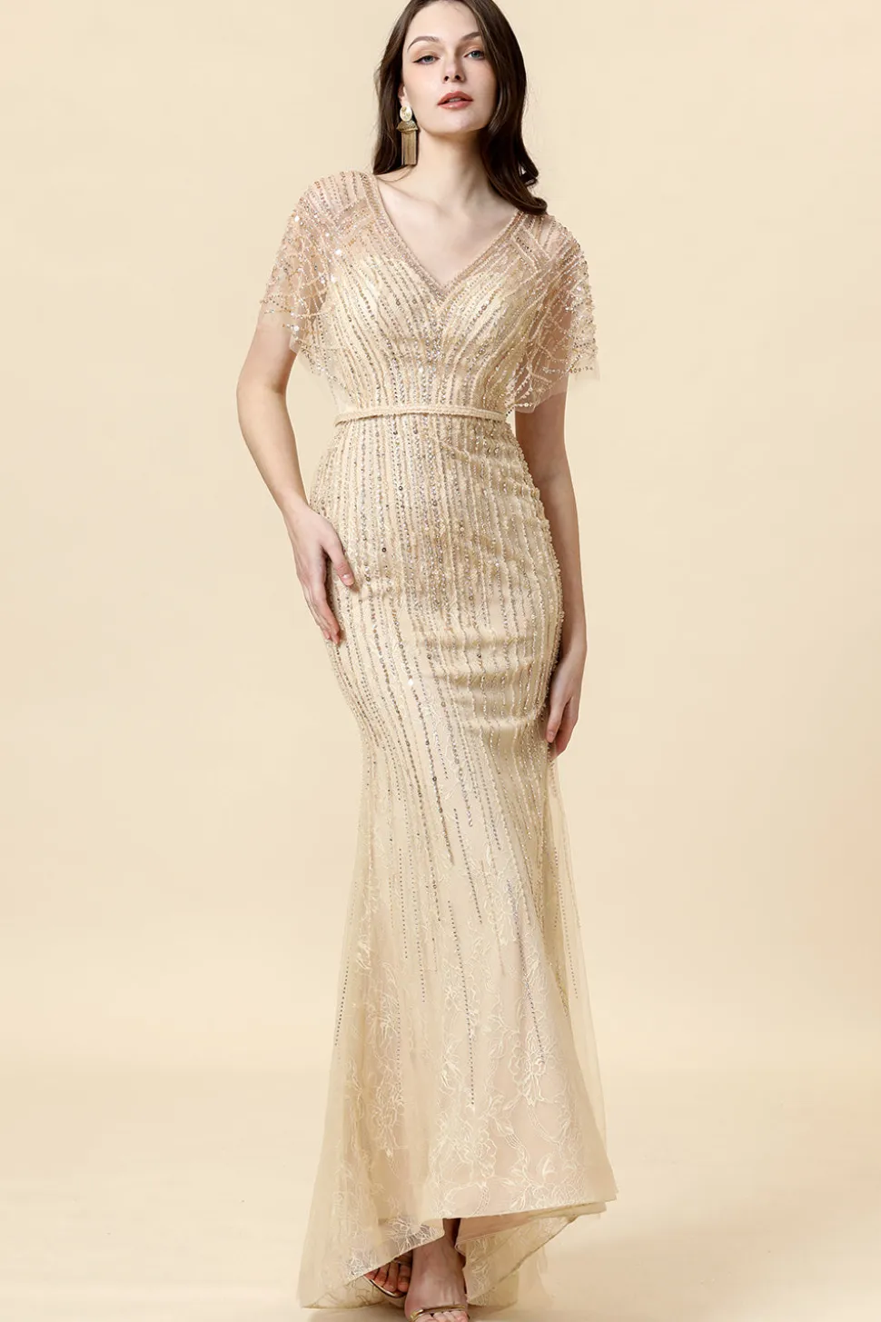 Sereia V Pescoço Dourado Vestido Formal