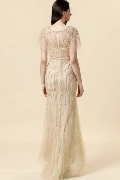 Sereia V Pescoço Dourado Vestido Formal
