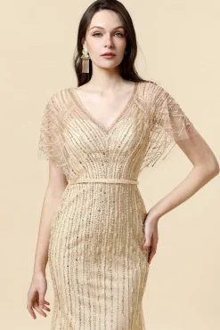 Sereia V Pescoço Dourado Vestido Formal