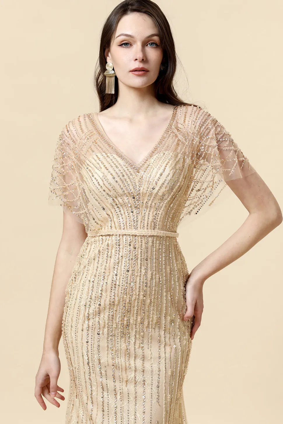Sereia V Pescoço Dourado Vestido Formal