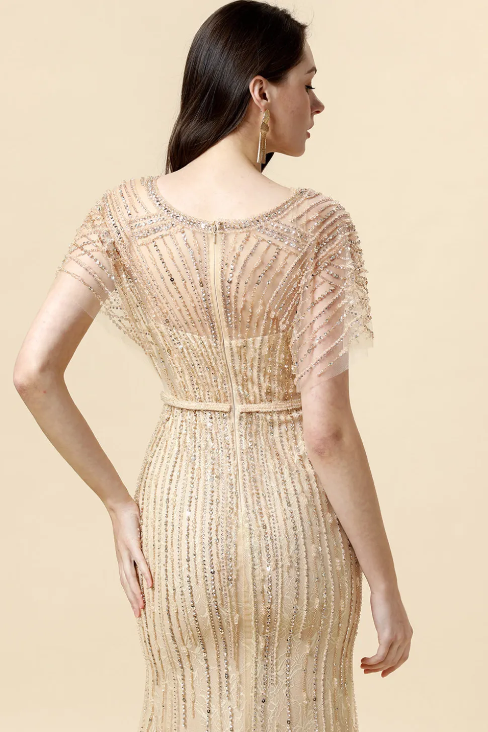 Sereia V Pescoço Dourado Vestido Formal