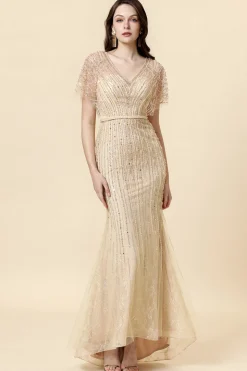 Sereia V Pescoço Dourado Vestido Formal
