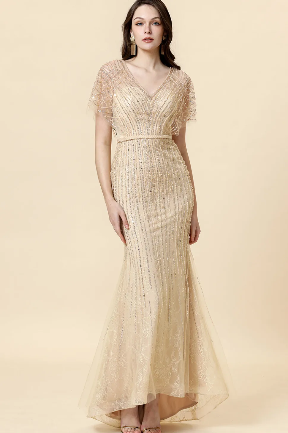 Sereia V Pescoço Dourado Vestido Formal