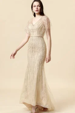 Sereia V Pescoço Dourado Vestido Formal