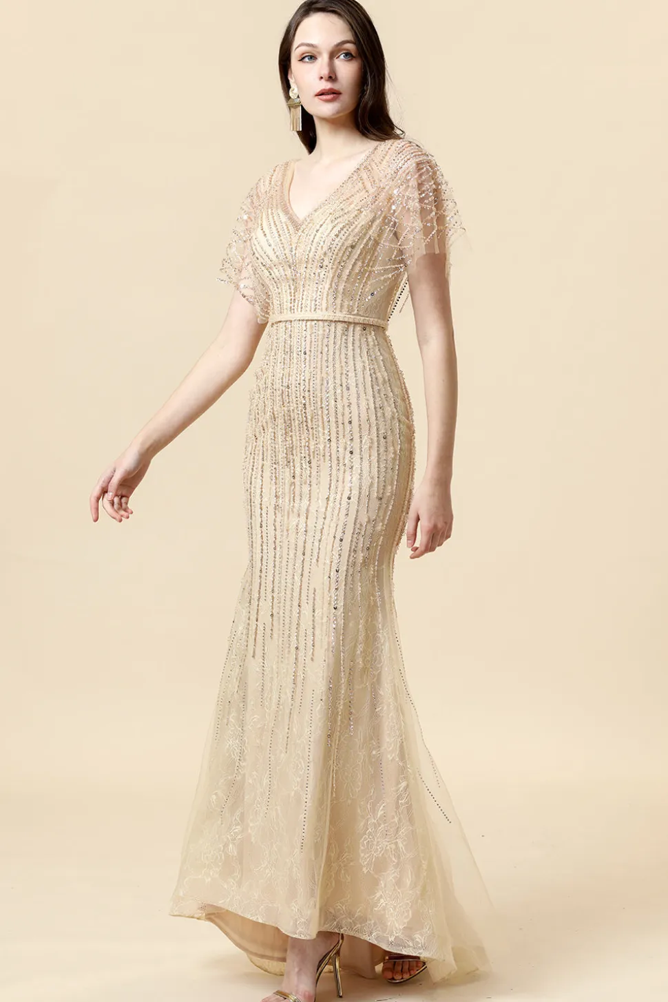Sereia V Pescoço Dourado Vestido Formal