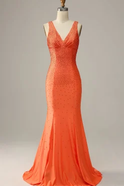 Sereia V Pescoço Laranja Vestido de Festa