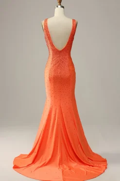 Sereia V Pescoço Laranja Vestido de Festa