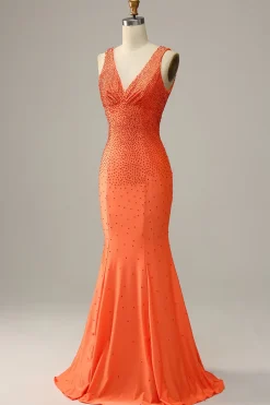 Sereia V Pescoço Laranja Vestido de Festa